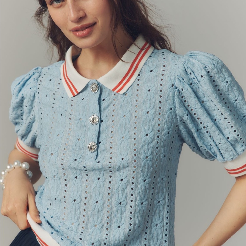 Anthropologie Maeve lace polo shirt Small light blue collar rhinestone buttons